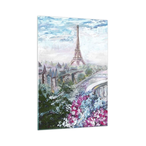 Glasbild - Bild auf glas - Ein romantischer Blick auf Paris mit dem Eiffelturm und einem Balkon voller Blumen - 70x100cm - Am schönsten ist es hier im Mai - Moderne Wanddekoration für Wohnzimmer und Schlafzimmer ARTTOR
