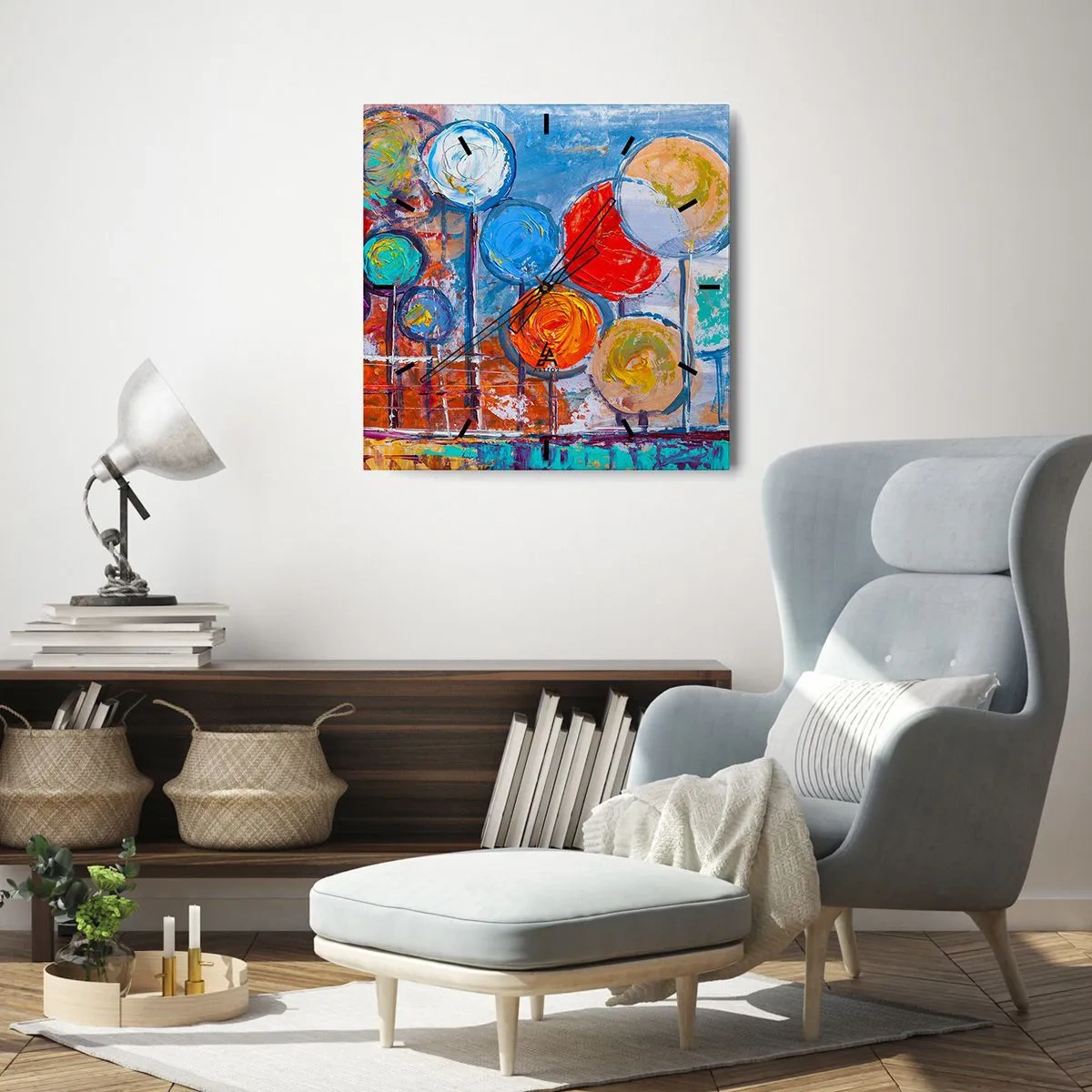 Wanduhr - Glasuhr - Bunte abstrakte Bäume auf blauem Hintergrund - 30x30cm - Wunder am Stiel - Moderne Wanddekoration für Wohnzimmer und Schlafzimmer ARTTOR