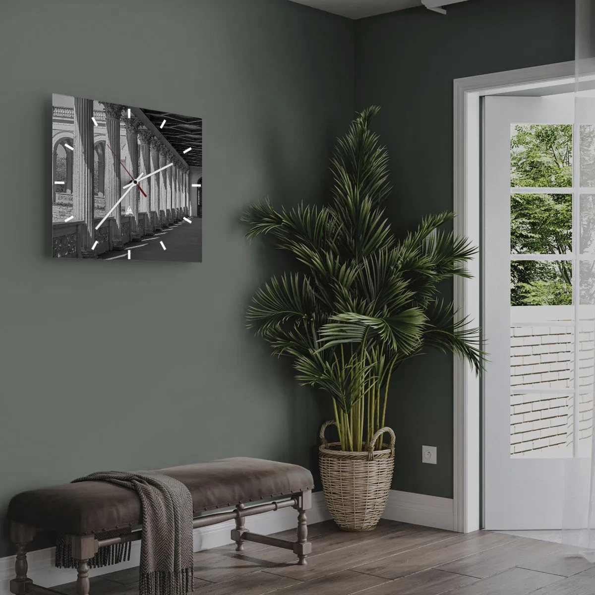 Wanduhr - Glasuhr - Kolonnade im klassischen Stil in Schwarz und Weiß - 30x30cm - Sonnige Arkade - Moderne Wanddekoration für Wohnzimmer und Schlafzimmer ARTTOR