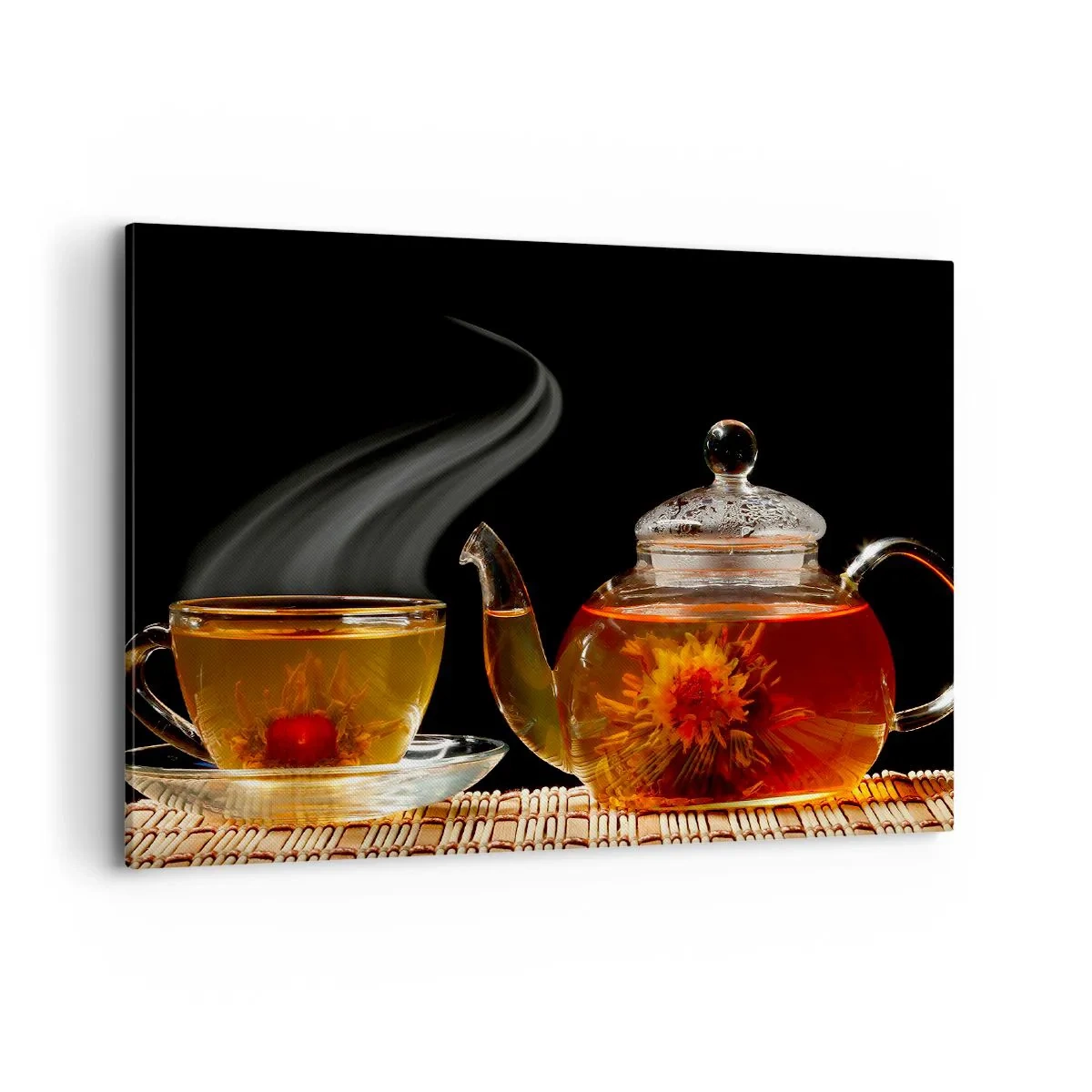 Bild auf Leinwand - Leinwandbild - Glasteekanne mit Blumentee und einer Tasse - 100x70cm - Die Magie und Kunst des Teezubereitens - Moderne Wanddekoration für Wohnzimmer und Schlafzimmer ARTTOR