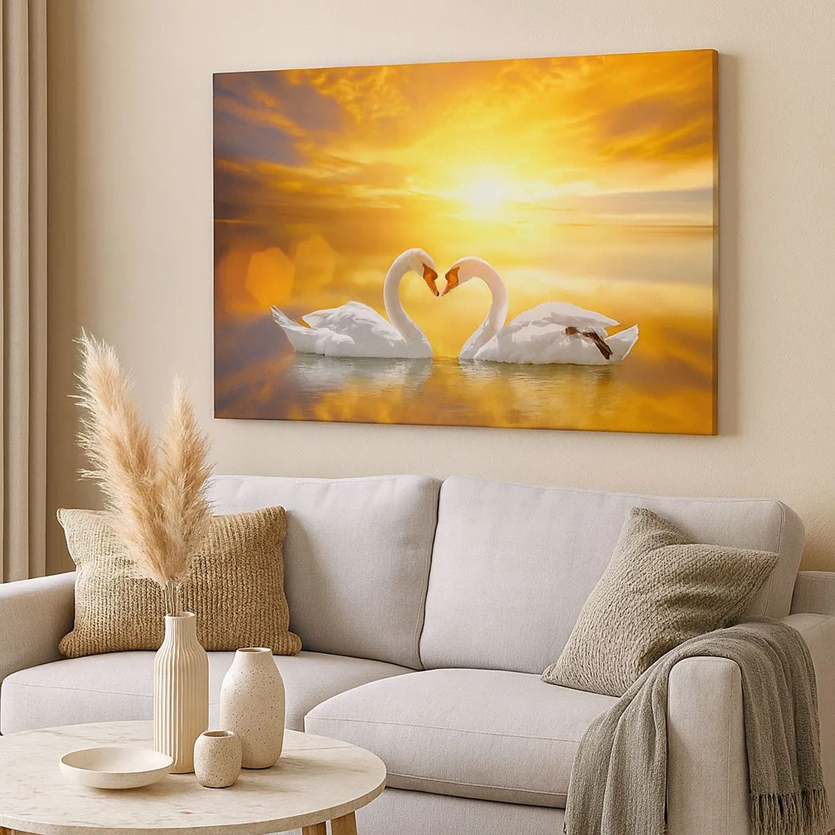 Bild auf Leinwand - Leinwandbild - Eine romantische Szene mit zwei Schwänen, die vor dem Hintergrund eines goldenen Sonnenuntergangs ein Herz bilden. - 70x50cm - Das Herz ist das schönste Wort der Welt... - Moderne Wanddekoration ARTTOR