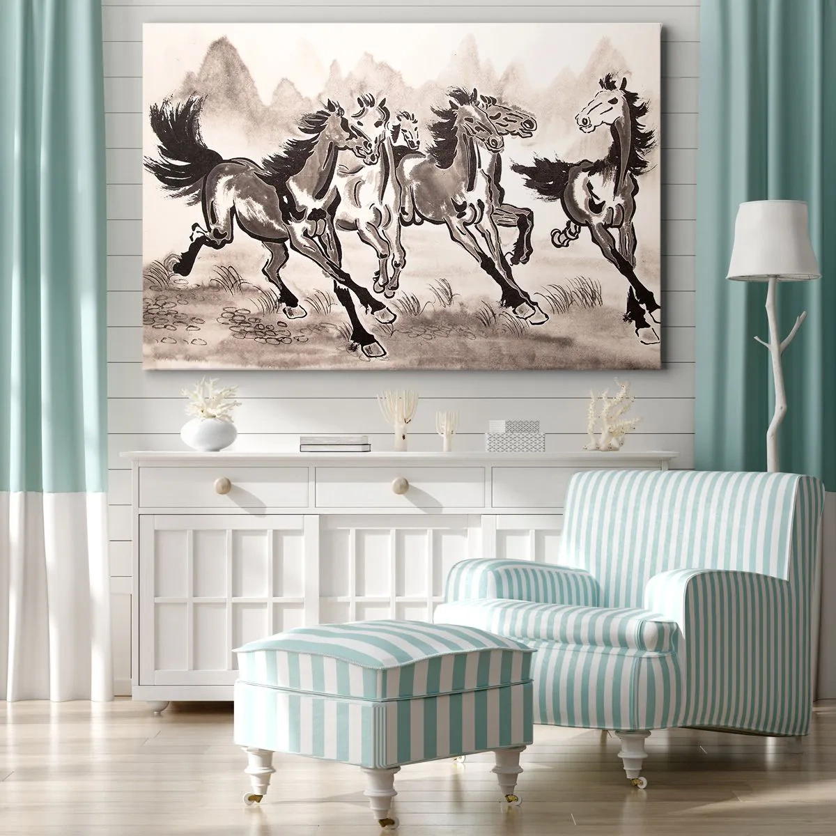 Bild auf Leinwand - Leinwandbild - Dynamische Grafiken galoppierender Pferde im orientalischen Stil - 120x80cm - In freudigem Galopp - Moderne Wanddekoration für Wohnzimmer und Schlafzimmer ARTTOR