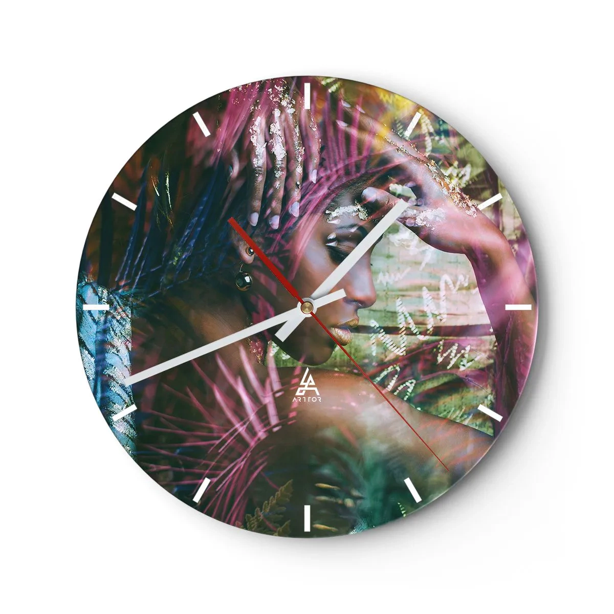 Wanduhr - Glasuhr - Porträt einer Frau mit Elementen der Natur und bunten Blättern im Hintergrund - 30x30cm - Mutter Natur im Dschungel - Moderne Wanddekoration für Wohnzimmer, Küche und Schlafzimmer ARTTOR