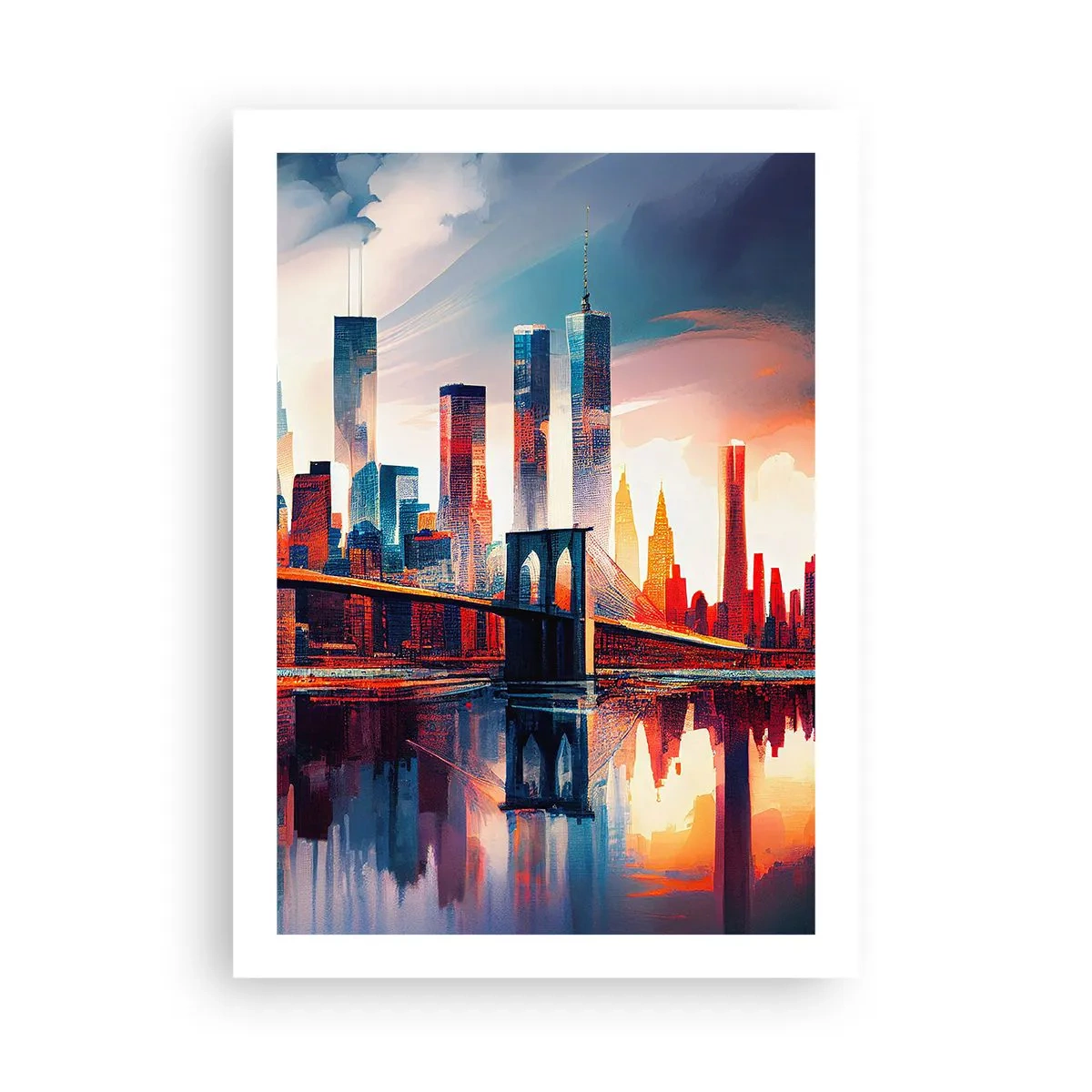 Poster - Panorama der Stadt mit einer Brücke und Spiegelung im Wasser - 50x70cm - Traumhaftes New York - Moderne Wanddekoration für Wohnzimmer und Schlafzimmer ARTTOR