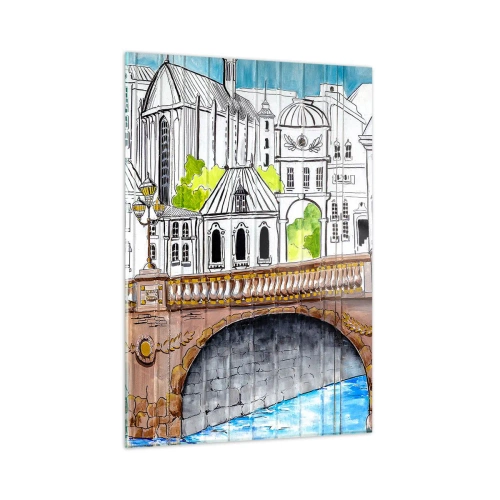 Glasbild - Bild auf glas - Die Brücke und die Stadtarchitektur in Form einer Aquarellskizze - 50x70cm - Die Stadt ist gemalt - Moderne Wanddekoration für Wohnzimmer und Schlafzimmer ARTTOR
