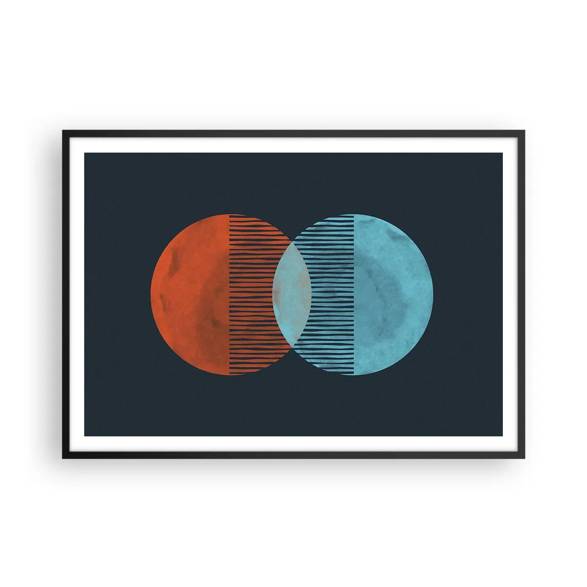 Poster in einem schwarzem Rahmen - Zwei orange und blaue Kreise auf dunklem Hintergrund - 100x70cm - Astronomische Fantasie - Moderne Wanddekoration für Wohnzimmer und Schlafzimmer ARTTOR