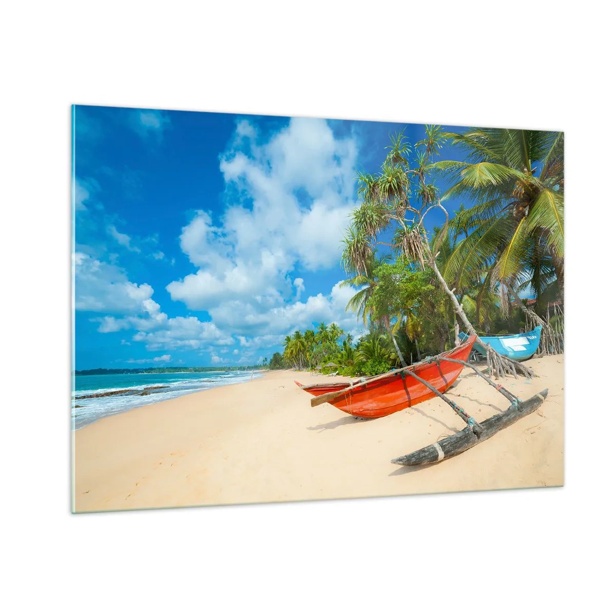 Glasbild - Bild auf glas - Tropischer Strand mit Palmen und traditionellen Booten - 100x70cm - Der Charme der Tropen - Moderne Wanddekoration für Wohnzimmer und Schlafzimmer ARTTOR