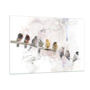 Glasbild - Bild auf glas - Bunte Vögel auf einem Ast im malerischen Stil - 120x80cm - Geflügeltes Treffen - Moderne Wanddekoration für Wohnzimmer und Schlafzimmer ARTTOR