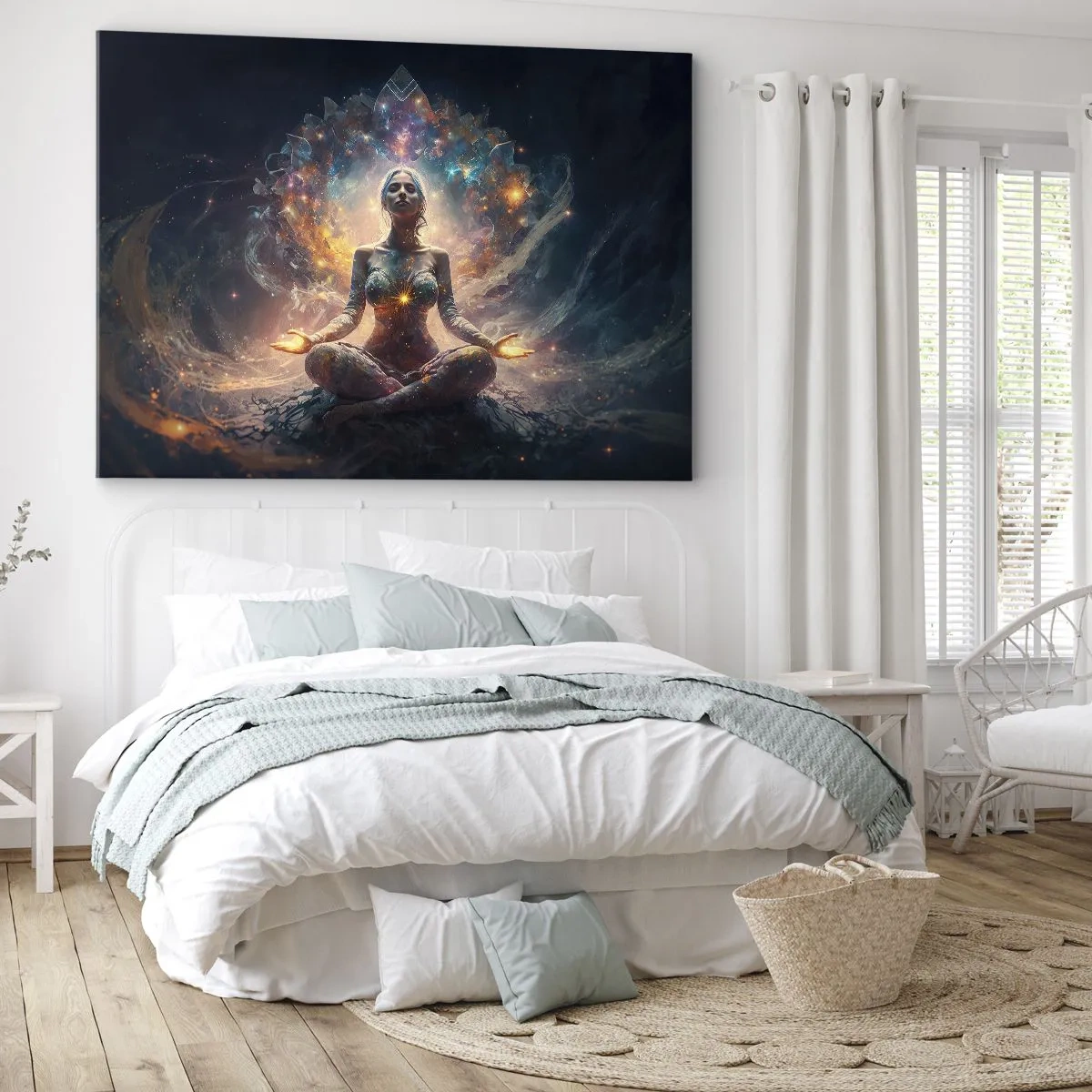 Bild auf Leinwand - Leinwandbild - Eine meditierende Figur, umgeben von energetischen Mustern und Farben. - 70x50cm - Fluss guter Energie - Moderne Wanddekoration für Wohnzimmer und Schlafzimmer ARTTOR