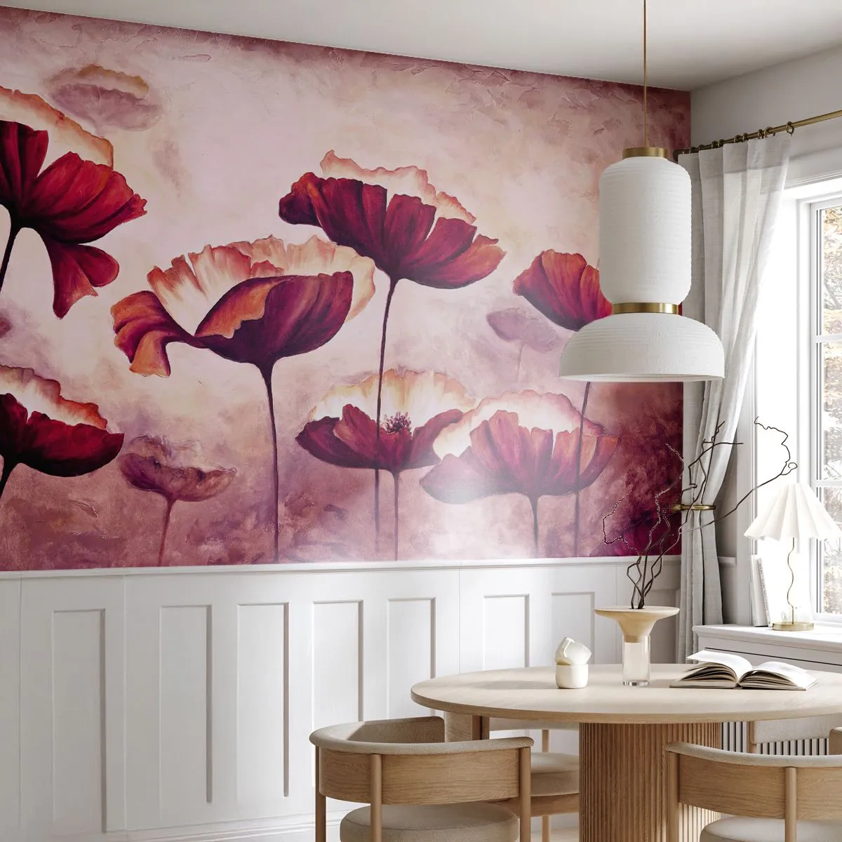 Fototapete Premium Sand - Rote Mohnblumen im künstlerischen, malerischen Stil - 100x70cm - Rotes und weißes Blütenblatt - Moderne Wanddekoration für Wohnzimmer und Schlafzimmer ARTTOR
