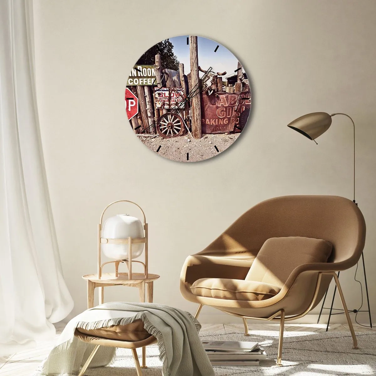 Wanduhr - Glasuhr - Rustikale Dekoration mit Holzrädern und einem Stierschädel - 30x30cm - Und die Zeit ist stehen geblieben - Moderne Wanddekoration für Wohnzimmer, Küche und Schlafzimmer ARTTOR