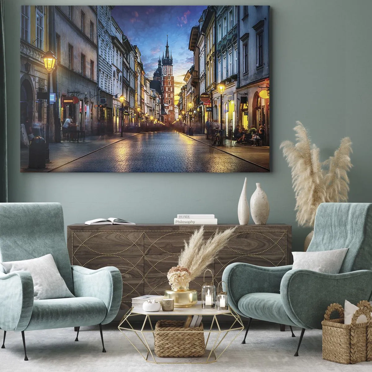 Bild auf Leinwand - Leinwandbild - Abendliche Straße mit Blick auf die Krakauer Kathedrale - 100x70cm - Krakauer Charme - Moderne Wanddekoration für Wohnzimmer und Schlafzimmer ARTTOR