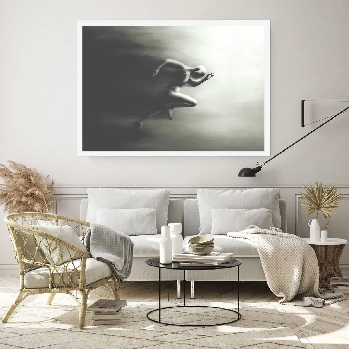 Poster - Eine schwarz-weiße Silhouette einer laufenden Figur in einem dynamischen und surrealen Stil. - 100x70cm - Unwiderstehlich - Moderne Wanddekoration für Wohnzimmer und Schlafzimmer ARTTOR
