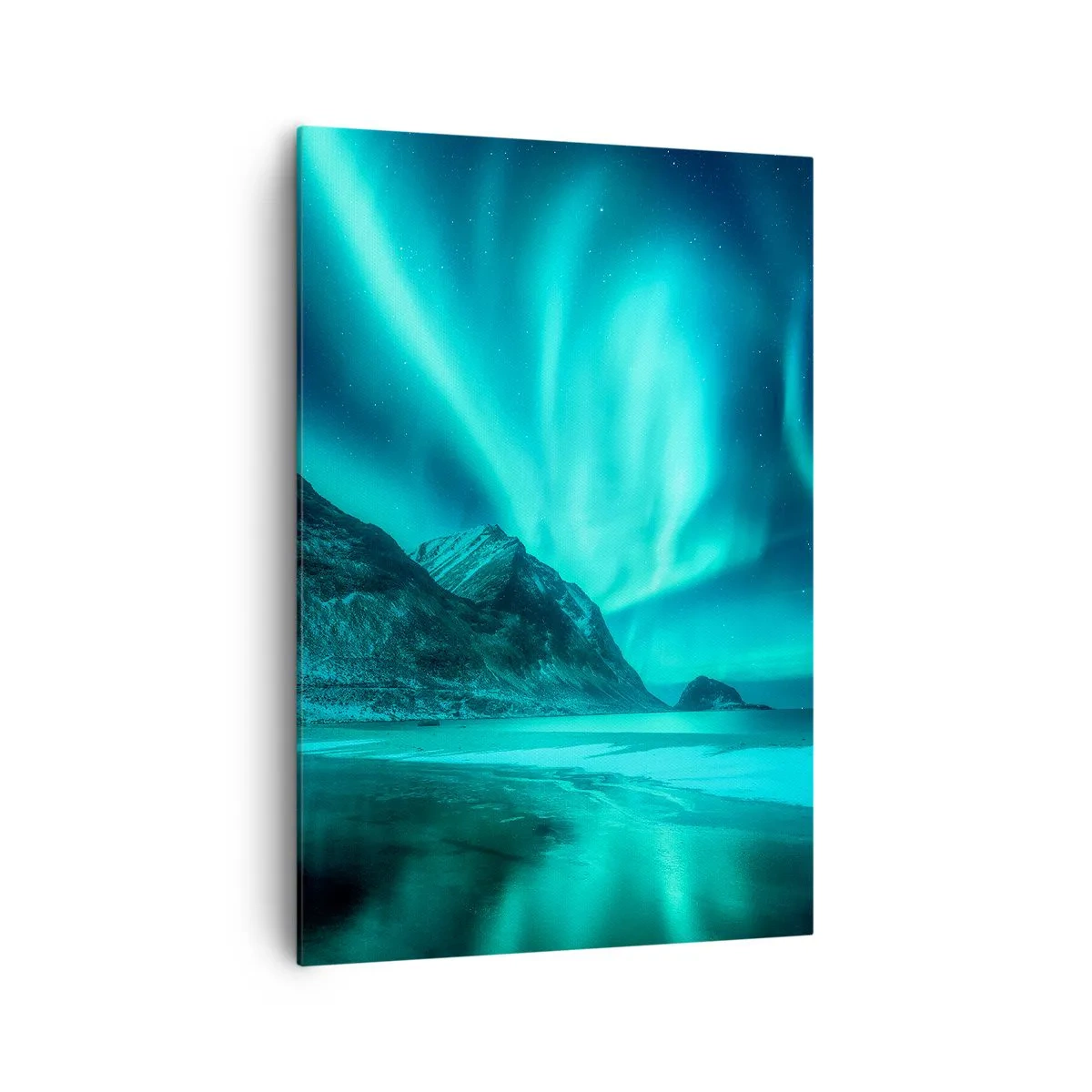 Bild auf Leinwand - Leinwandbild - Aurora Borealis über einer bergigen Winterlandschaft - 70x100cm - Wunder des Nordens - Moderne Wanddekoration für Wohnzimmer und Schlafzimmer ARTTOR
