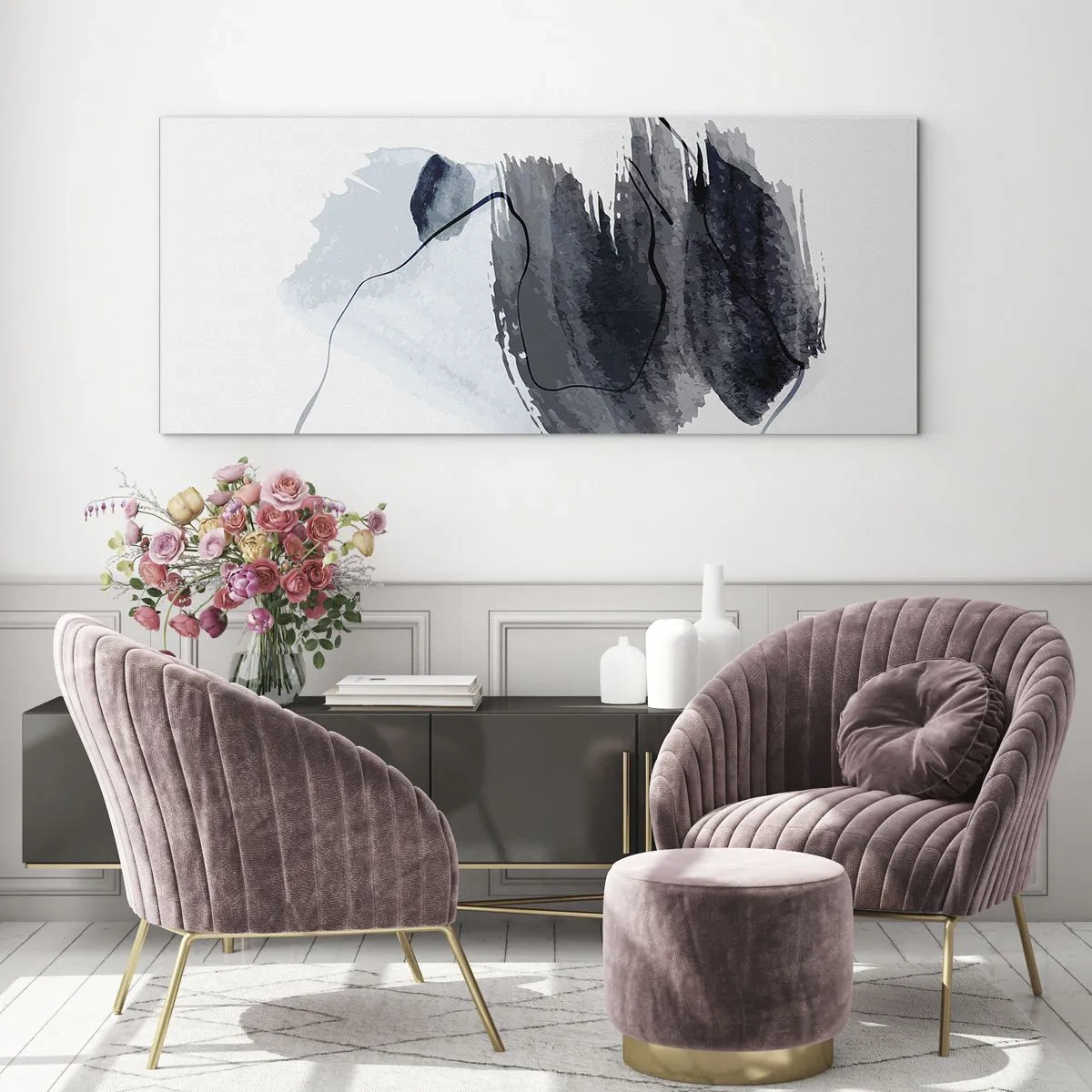 Glasbild - Bild auf glas - Abstrakte Komposition in Grau- und Blautönen - 120x50cm - Intensität und Bewegung - Moderne Wanddekoration für Wohnzimmer und Schlafzimmer ARTTOR