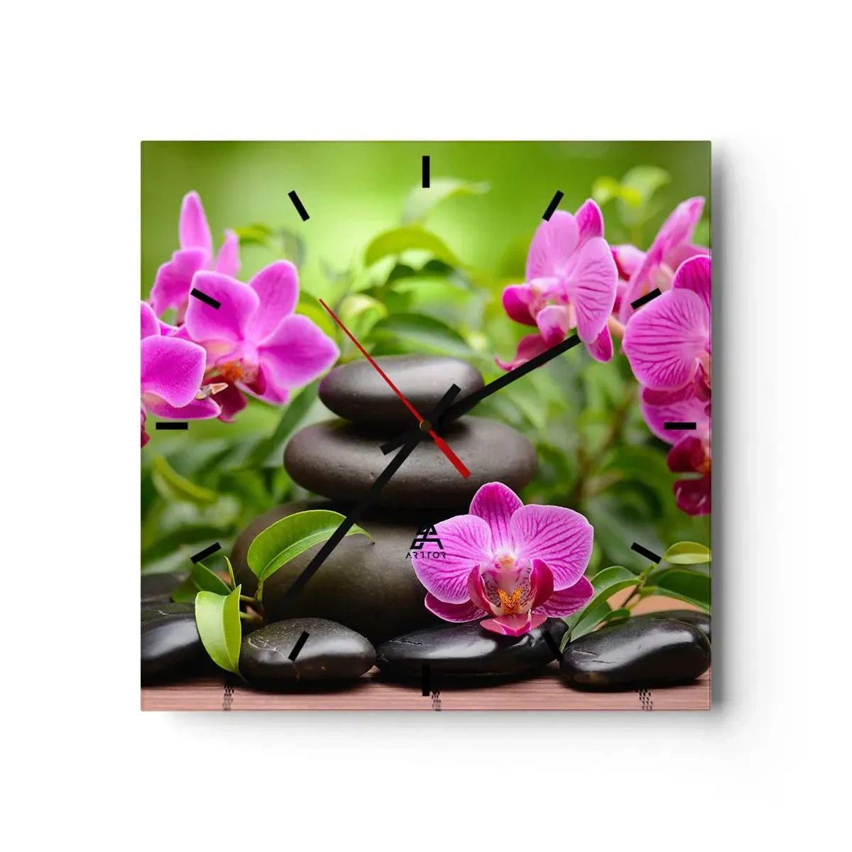 Wanduhr - Glasuhr - Rosa Orchideen mit Steinen auf grünem Hintergrund - 30x30cm - Die Pyramide des Friedens - Moderne Wanddekoration für Wohnzimmer und Schlafzimmer ARTTOR