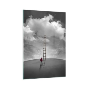 Glasbild - Bild auf glas - Eine Person in einem roten Mantel und eine Leiter, die zu einer Wolke führt - 70x100cm - Alles ist möglich - Moderne Wanddekoration für Wohnzimmer und Schlafzimmer ARTTOR