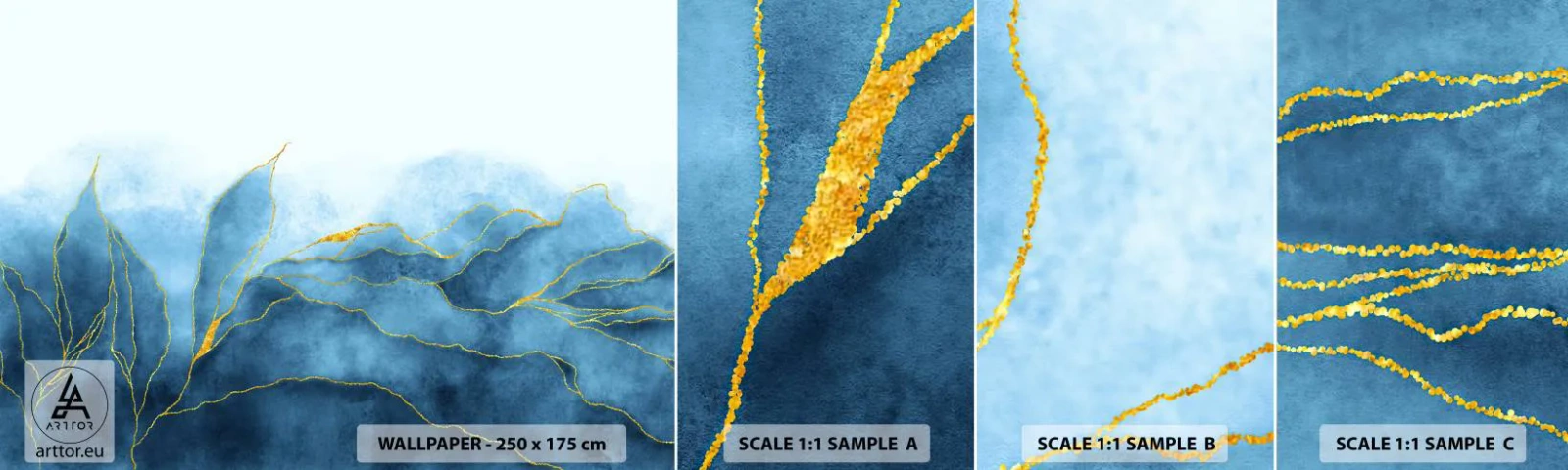 Fototapetenmuster Standard Eco - Blau im Gold - Luxus, Glanz, Abstraktion - 100x30 cm