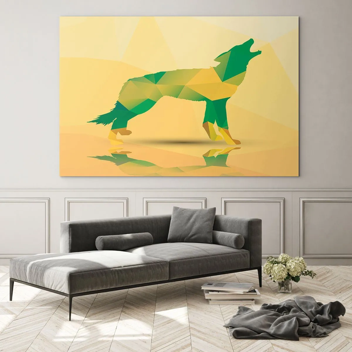 Glasbild - Bild auf glas - Geometrischer Wolf in farbenfroher Abstraktion - 100x70cm - Ein einsamer Wolf - Moderne Wanddekoration für Wohnzimmer und Schlafzimmer ARTTOR
