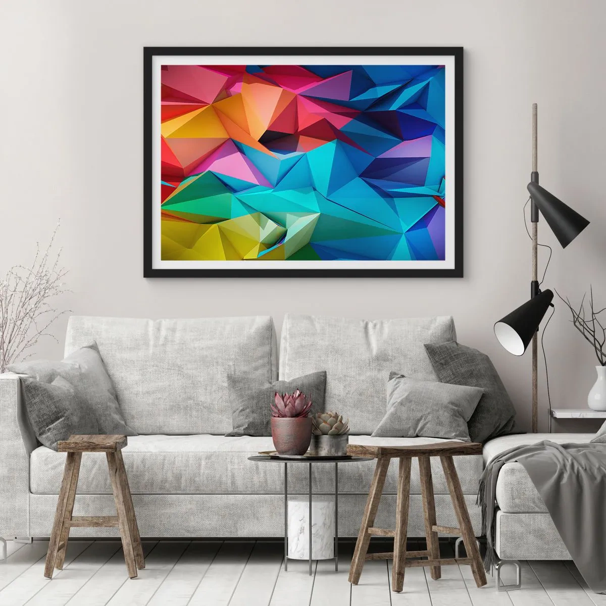 Poster in einem schwarzem Rahmen - Bunte geometrische Abstraktion in lebendigen Farben - 70x50cm - Regenbogen-Origami - Moderne Wanddekoration für Wohnzimmer und Schlafzimmer ARTTOR