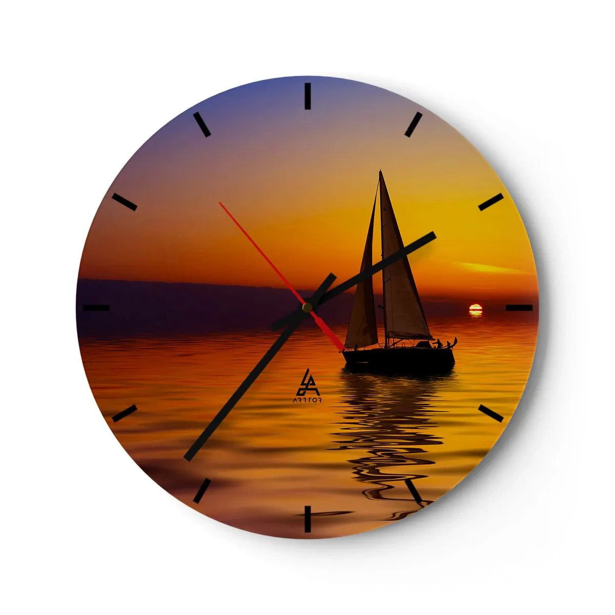 Wanduhr - Glasuhr - Ein Segelboot auf See bei Sonnenuntergang - 30x30cm - Wie ruhig es hier in der Abenddämmerung ist... - Moderne Wanddekoration für Wohnzimmer, Küche und Schlafzimmer ARTTOR