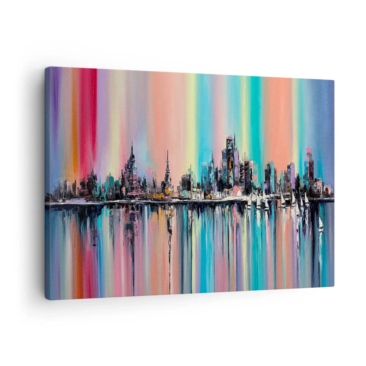 Bild auf Leinwand - Leinwandbild - Buntes Stadtbild mit Spiegelung auf dem Wasser - 70x50cm - Um das Licht der Nacht herunterzufallen - Moderne Wanddekoration für Wohnzimmer und Schlafzimmer ARTTOR
