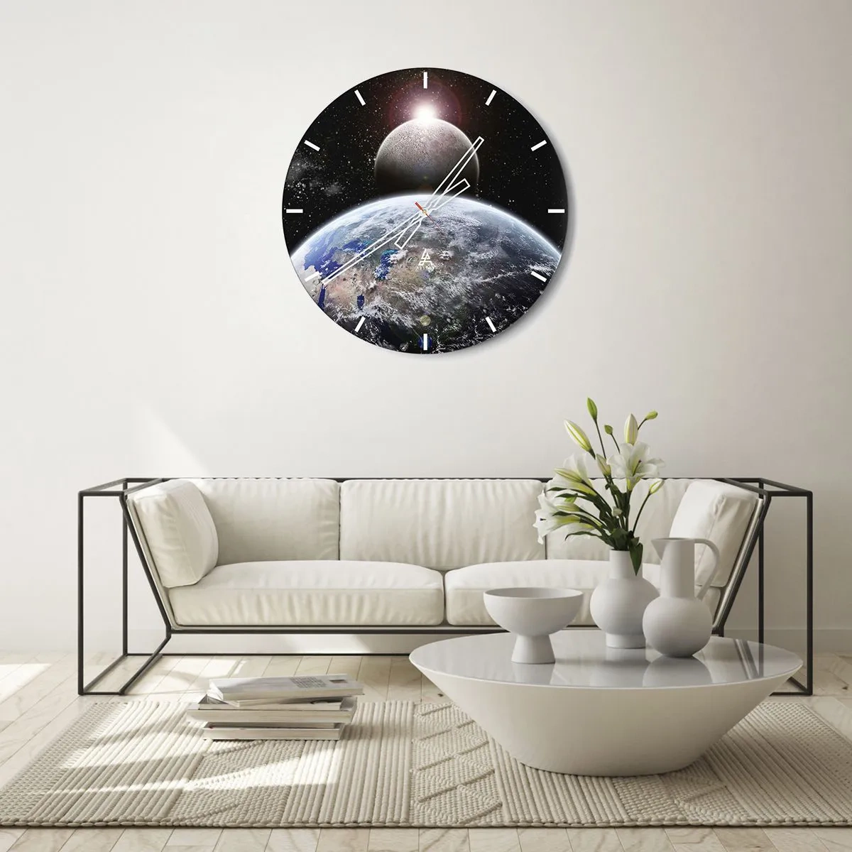 Wanduhr - Glasuhr - Erde und Mond im Weltraum - 30x30cm - Weltraumlandschaft - Sonnenaufgang - Moderne Wanddekoration für Wohnzimmer, Küche und Schlafzimmer ARTTOR