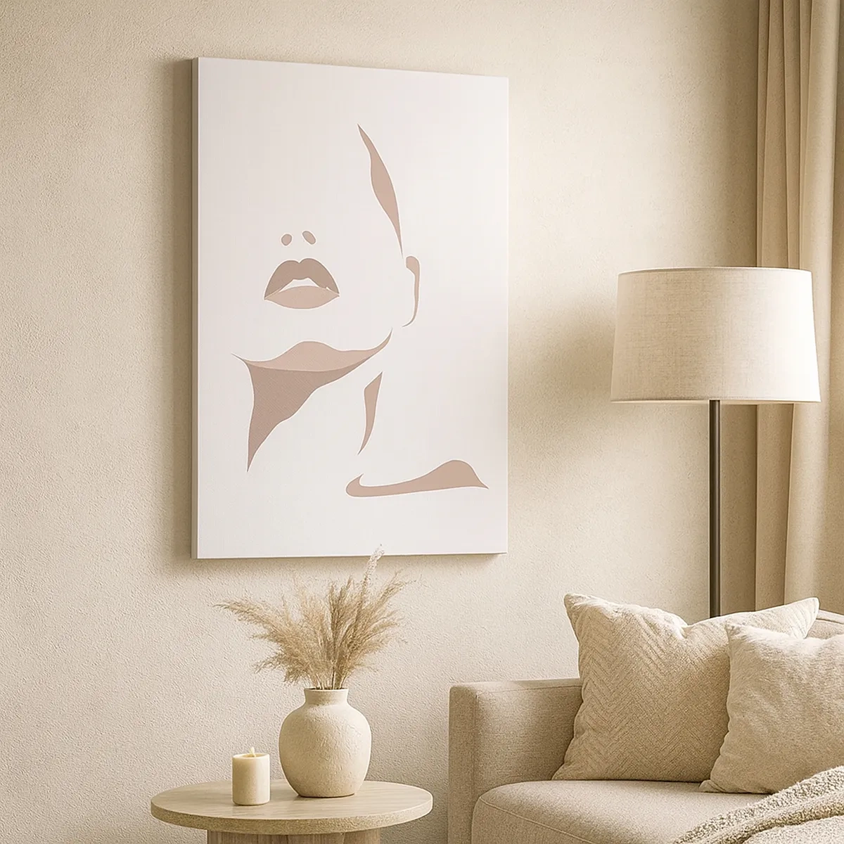 Bild auf Leinwand - Leinwandbild - Minimalistische Kontur eines Frauengesichts in zarten Beigetönen - 50x70cm - Aus Licht und Schatten - Moderne Wanddekoration für Wohnzimmer und Schlafzimmer ARTTOR