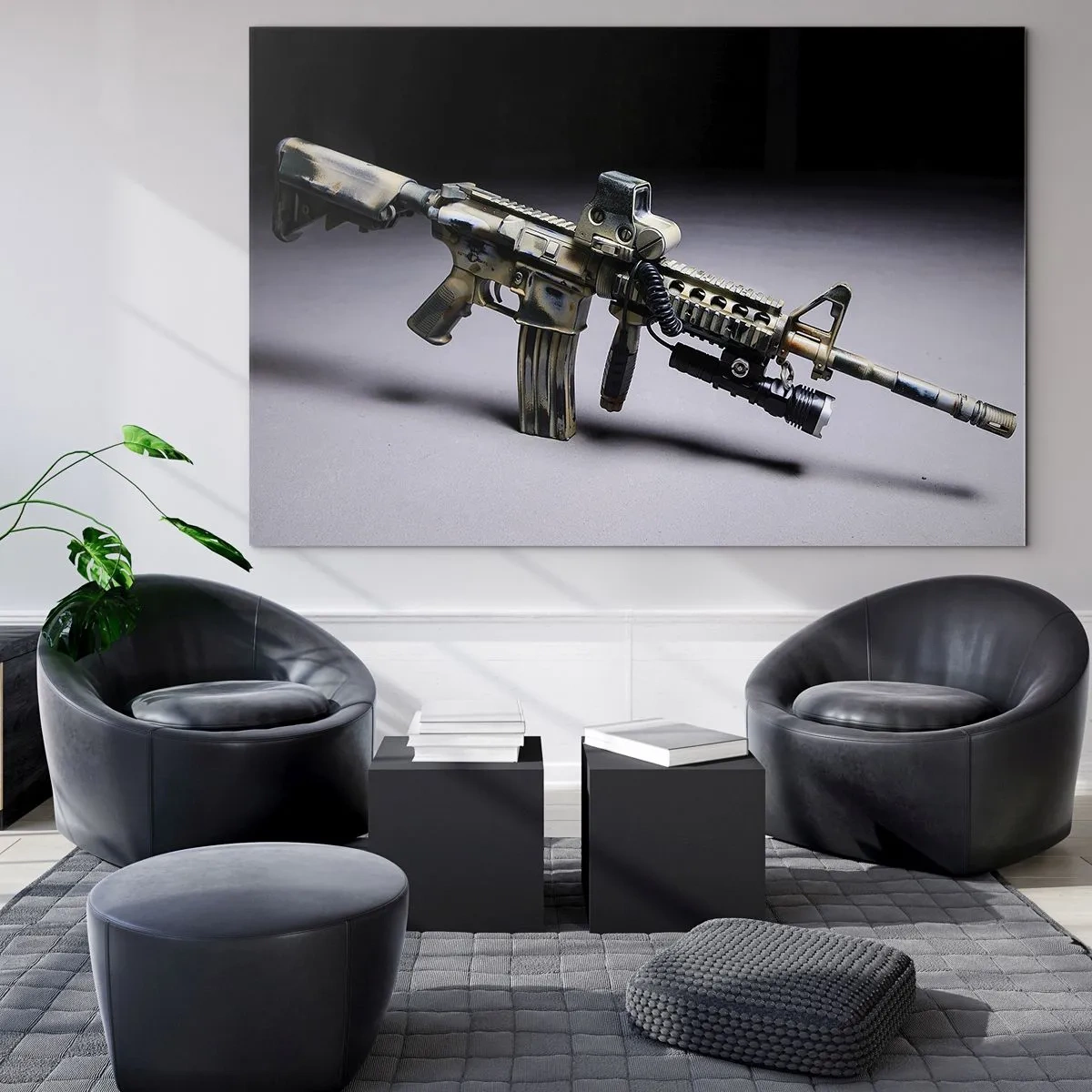 Glasbild - Bild auf glas - Ein modernes Gewehr auf dunklem Hintergrund mit industriellem Akzent - 70x50cm - Immer bedrohlich - Moderne Wanddekoration für Wohnzimmer und Schlafzimmer ARTTOR