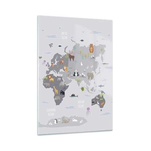 Glasbild - Bild auf glas - Illustrierte Weltkarte mit charakteristischen Tieren - 50x70cm - Sag mir wo du herkommst ... - Moderne Wanddekoration für Wohnzimmer und Schlafzimmer ARTTOR