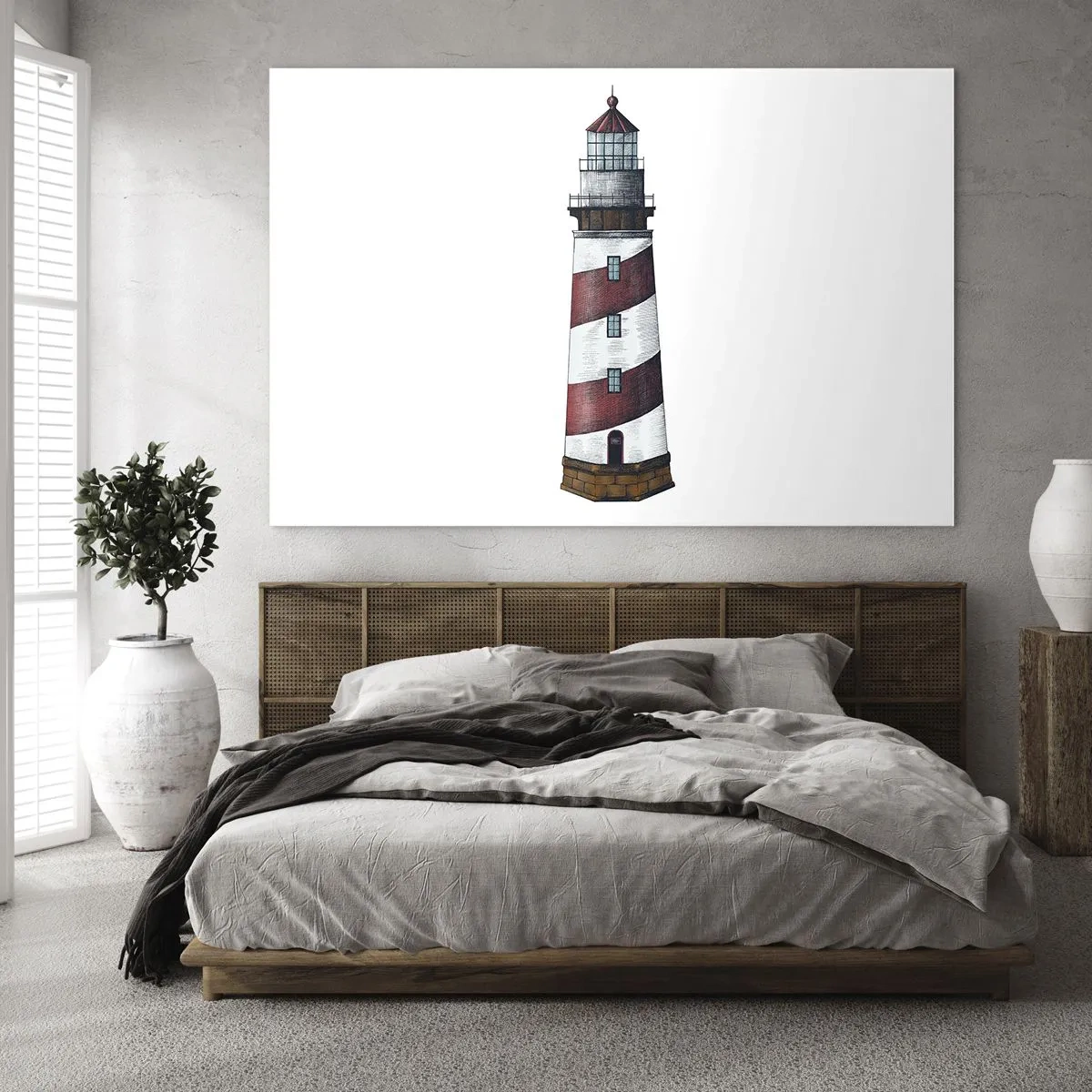 Glasbild - Bild auf glas - Rot-weißer Leuchtturm auf weißem Hintergrund - 70x50cm - Immer auf der Hut - Moderne Wanddekoration für Wohnzimmer und Schlafzimmer ARTTOR