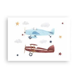 Poster - Handbemalte Flugzeuge vor einem Hintergrund aus Wolken und Sternen - 100x70cm - Wir warten, Herr Pilot! - Moderne Wanddekoration für Wohnzimmer und Schlafzimmer ARTTOR