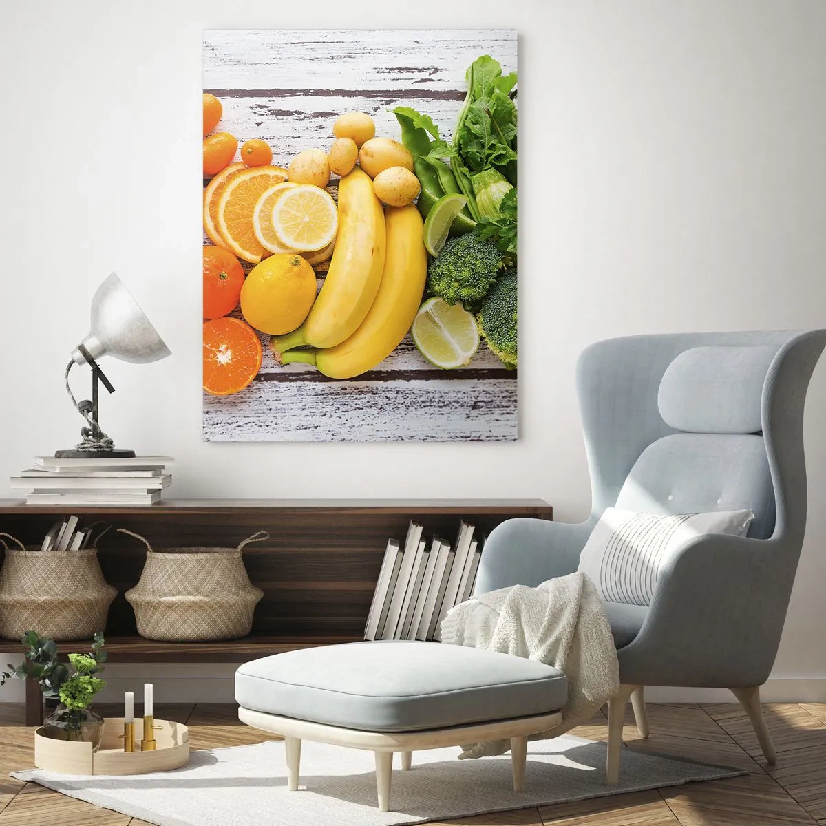 Glasbild - Bild auf glas - Buntes Obst und Gemüse auf einem Holztisch angeordnet - 50x70cm - Es ist nicht genug? - Moderne Wanddekoration für Wohnzimmer und Schlafzimmer ARTTOR