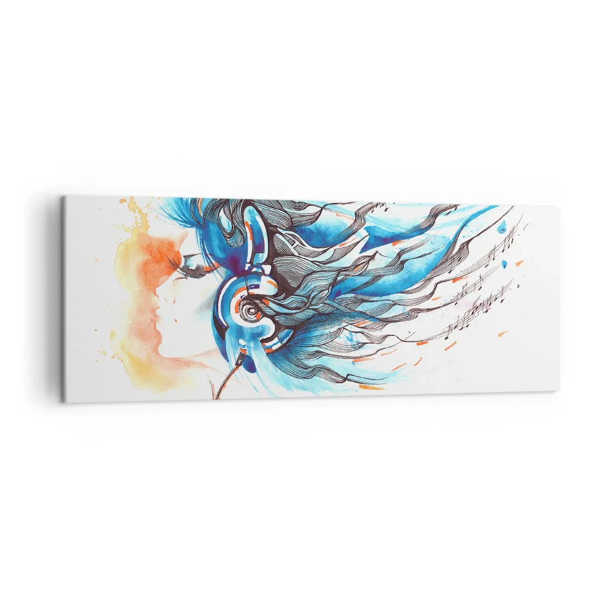 Bild auf Leinwand - Leinwandbild - Künstlerische Grafik einer Frau mit Kopfhörern und musikalischen Akzenten - 140x50cm - Lass die Musik spielen - Moderne Wanddekoration für Wohnzimmer und Schlafzimmer ARTTOR