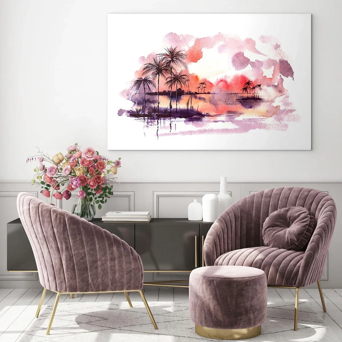 Glasbild - Bild auf glas - Tropische Landschaft bei Sonnenuntergang in Aquarell - 70x50cm - Die Ruhe der Tropen in Rot - Moderne Wanddekoration für Wohnzimmer und Schlafzimmer ARTTOR