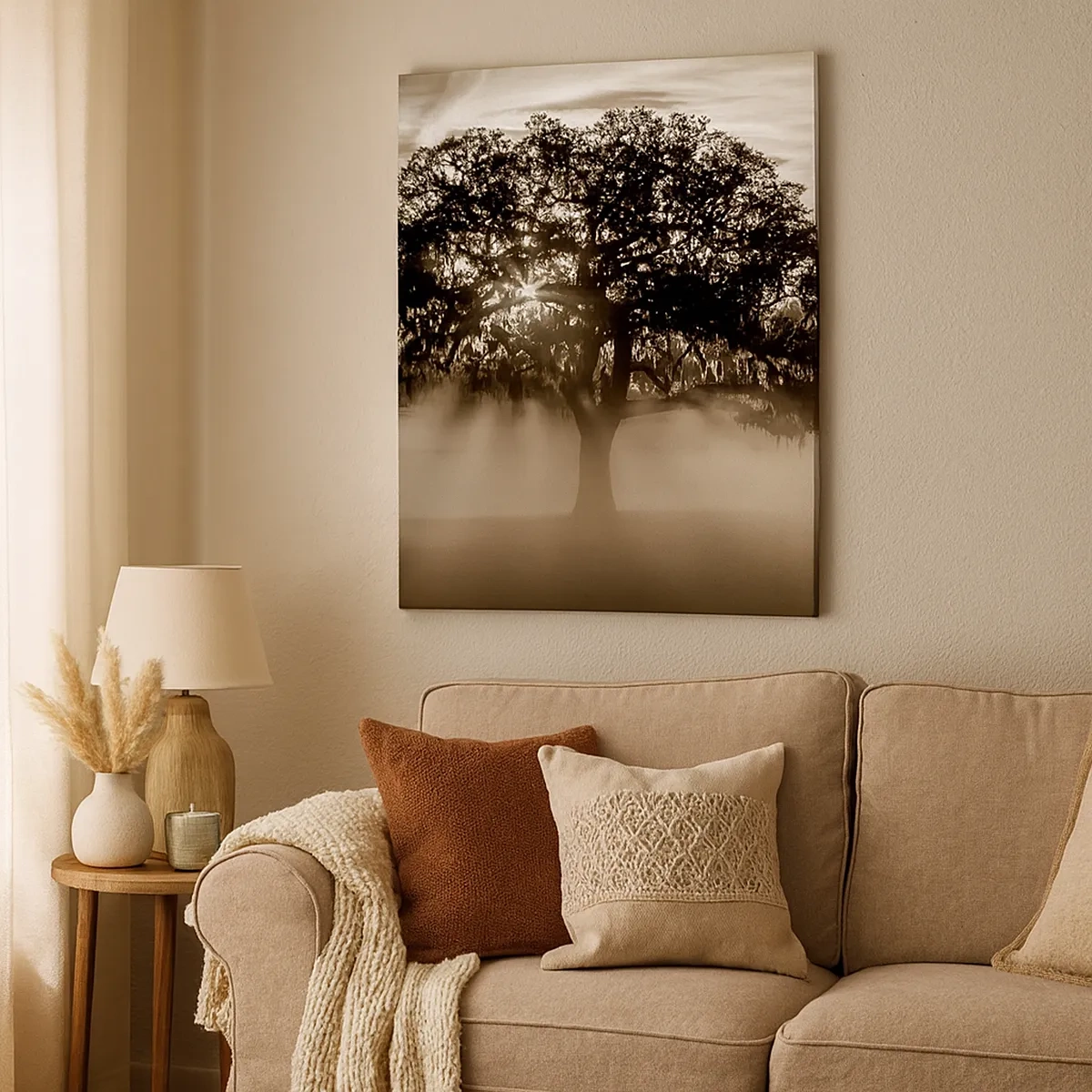 Bild auf Leinwand - Leinwandbild - Sonnenstrahlen scheinen durch einen einsamen Baum - 50x70cm - Baum der guten Nachrichten  - Moderne Wanddekoration für Wohnzimmer und Schlafzimmer ARTTOR