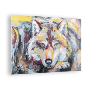 Glasbild - Bild auf glas - Farbenfrohes Wolfsportrait im expressionistischen Stil - 70x50cm - Seelenfrieden unter den Lieben - Moderne Wanddekoration für Wohnzimmer und Schlafzimmer ARTTOR