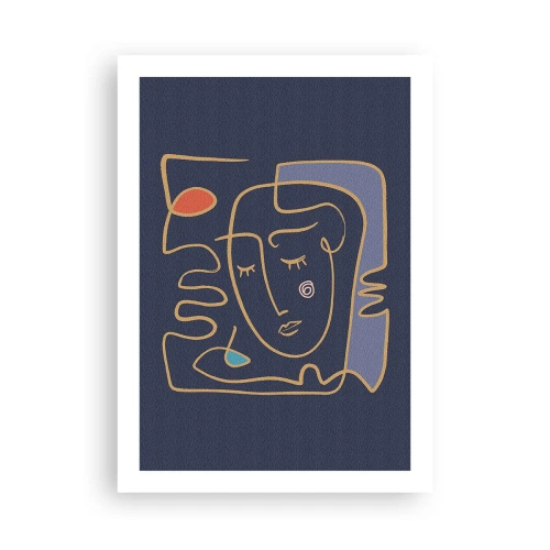 Poster - Minimalistisches abstraktes Gesicht auf marineblauem Hintergrund im Line-Art-Stil - 50x70cm - In Gedanken - Moderne Wanddekoration für Wohnzimmer und Schlafzimmer ARTTOR