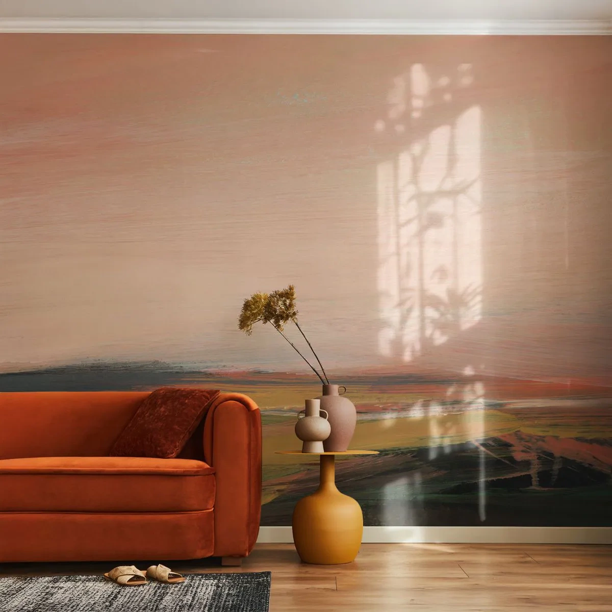 Fototapete Premium Sand - Ein malerisches Feldpanorama im Licht der untergehenden Sonne - 100x70cm - In Rosatönen - Moderne Wanddekoration für Wohnzimmer und Schlafzimmer ARTTOR