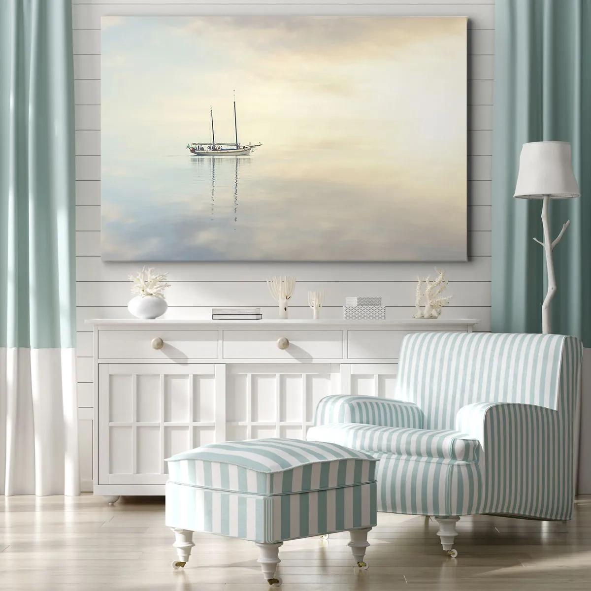 Bild auf Leinwand - Leinwandbild - Ein Boot auf ruhiger See in sanftem Licht - 70x50cm - Im Meer der Stille - Moderne Wanddekoration für Wohnzimmer und Schlafzimmer ARTTOR