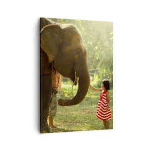 Bild auf Leinwand - Leinwandbild - Ein Mädchen in einem roten Kleid berührt einen Elefanten im Wald. - 50x70cm - Die Stärke der Freundschaft - Moderne Wanddekoration für Wohnzimmer und Schlafzimmer ARTTOR