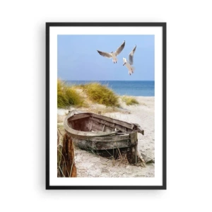 Poster in einem schwarzem Rahmen - Ein altes Boot am Strand mit Möwen im Hintergrund - 50x70cm - In Wind gebadet - Moderne Wanddekoration für Wohnzimmer und Schlafzimmer ARTTOR
