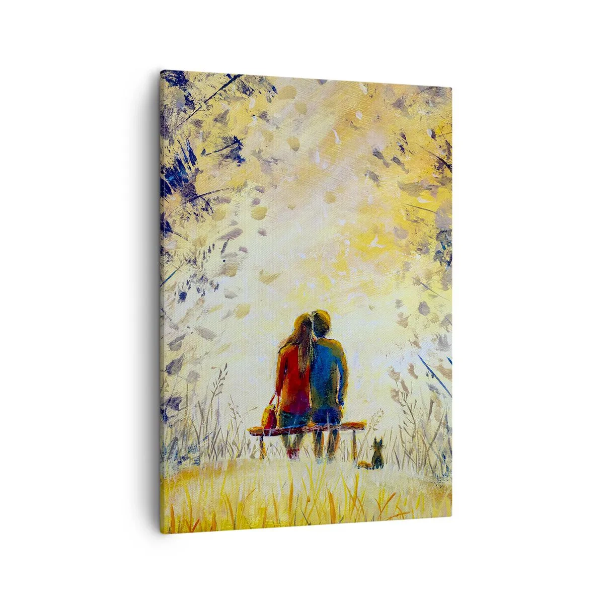 Bild auf Leinwand - Leinwandbild - Ein Paar sitzt auf einer Bank zwischen herbstlichen Bäumen im Sonnenlicht - 50x70cm - Magischer Augenblick - Moderne Wanddekoration für Wohnzimmer und Schlafzimmer ARTTOR