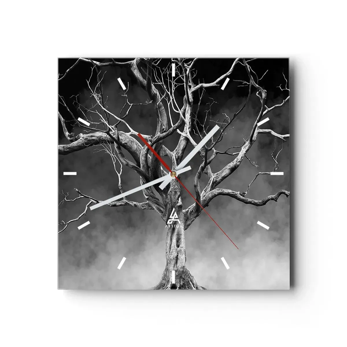 Wanduhr - Glasuhr - Ein trockener Baum in Schwarz und Weiß gegen den Nebel - 30x30cm - Ursprünglich und heilig - Moderne Wanddekoration für Wohnzimmer und Schlafzimmer ARTTOR