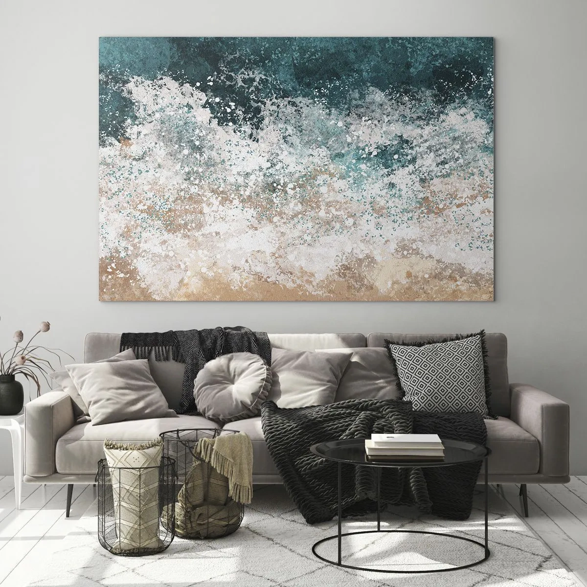 Glasbild - Bild auf glas - Abstrakte Meereswelle in Türkis-, Weiß- und Sandbeigetönen - 70x50cm - Meeresgeschichten - Moderne Wanddekoration für Wohnzimmer und Schlafzimmer ARTTOR