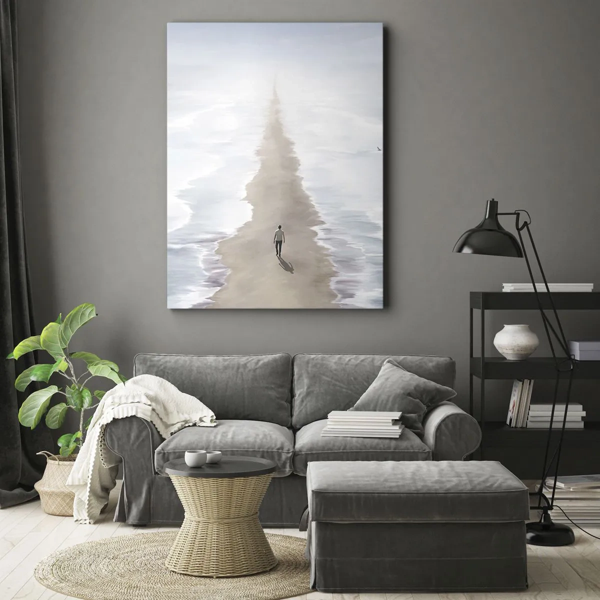 Bild auf Leinwand - Leinwandbild - Eine Figur auf einer einsamen Straße inmitten einer weiten Wasserlandschaft - 50x70cm - Glänzende Zukunft - Moderne Wanddekoration für Wohnzimmer und Schlafzimmer ARTTOR