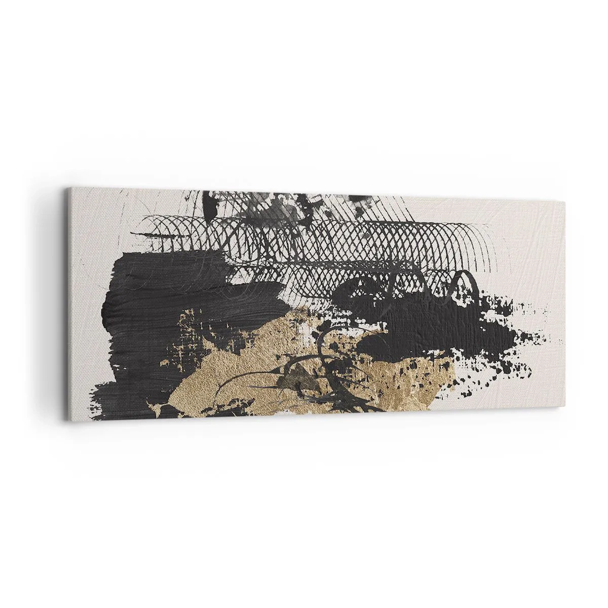 Bild auf Leinwand - Leinwandbild - Ein abstraktes Gemälde in Schwarz und Gold mit dynamischen Linien und Strukturen. - 120x50cm - Komposition mit Leidenschaft - Moderne Wanddekoration für Wohnzimmer und Schlafzimmer ARTTOR
