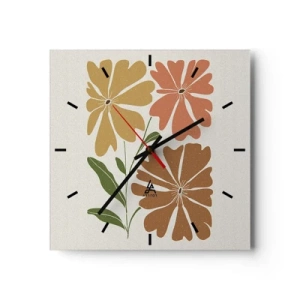 Wanduhr - Glasuhr - Drei Blumen in warmen Farben auf hellem Hintergrund - 30x30cm - Natur und Geometrie - Moderne Wanddekoration für Wohnzimmer und Schlafzimmer ARTTOR