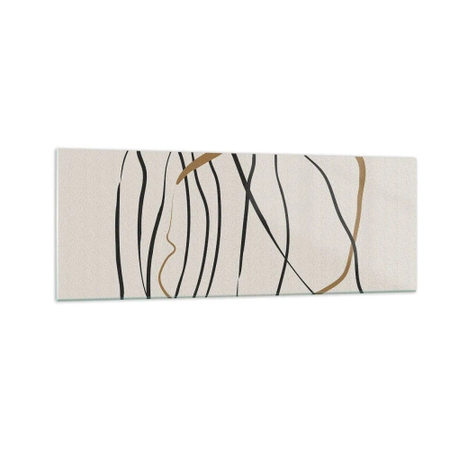 Glasbild - Bild auf glas - Künstlerische Linien in Schwarz und Gold auf hellem Hintergrund - 140x50cm - Komposition – Looptanz - Moderne Wanddekoration für Wohnzimmer und Schlafzimmer ARTTOR