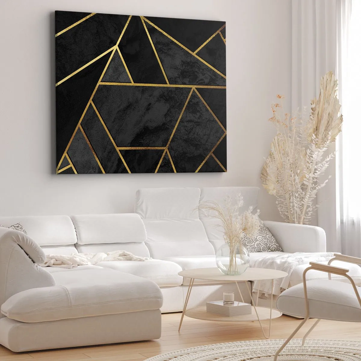 Bild auf Leinwand - Leinwandbild - Geometrisches Goldmuster auf schwarzem Hintergrund - 70x50cm - Dunkelheit und Glanz - Moderne Wanddekoration für Wohnzimmer und Schlafzimmer ARTTOR